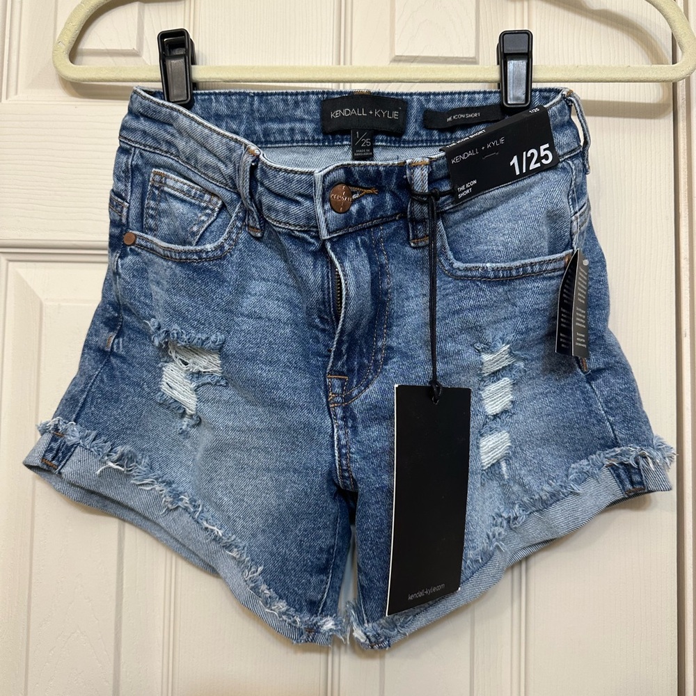 Kendall & Kylie Blue Jean Shorts with Distressed Details